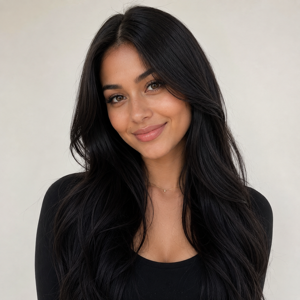 This is a photo of a young woman with long black hair and a black top standing against a white background.